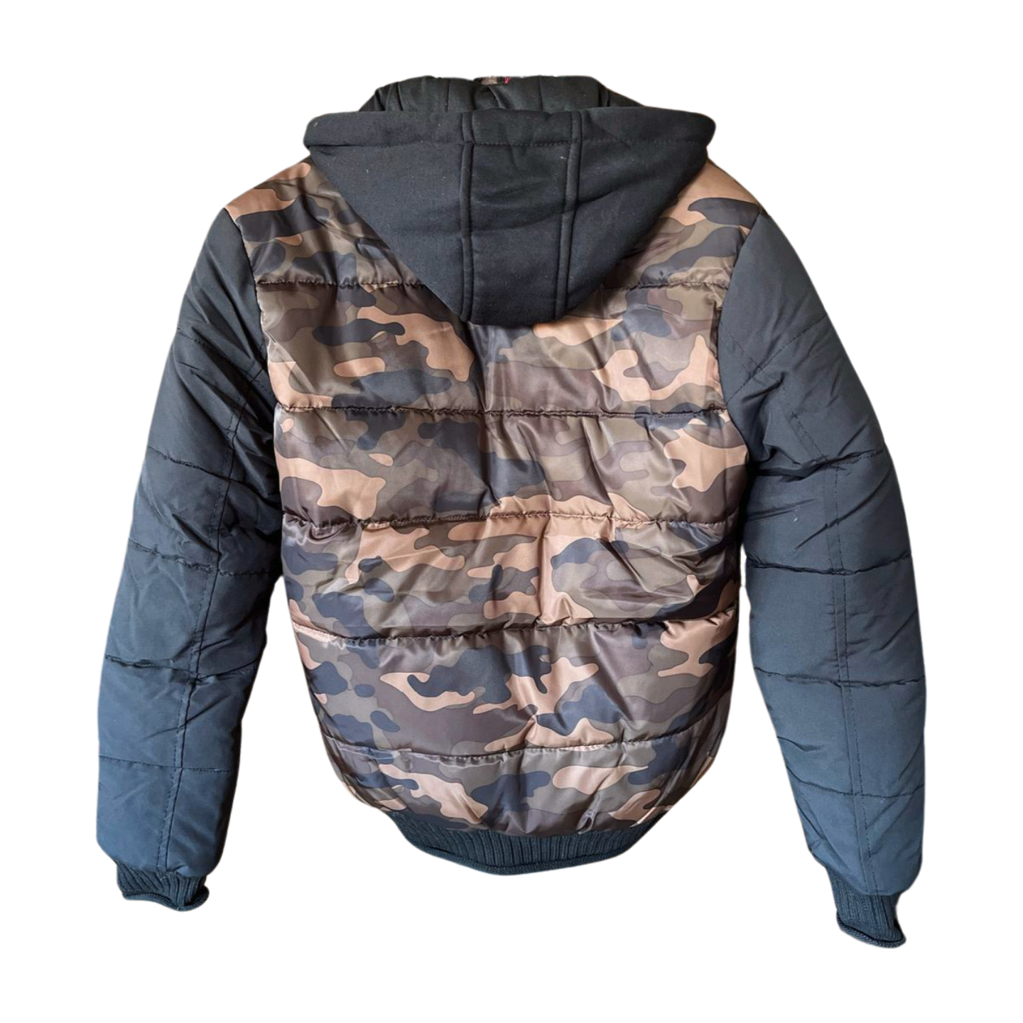 Tricolor camouflage puffer jacket with a detachable hood for women.