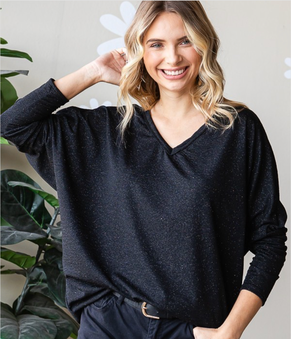 Long Sleeve Oversize Sparkle V-Neck Top (F)